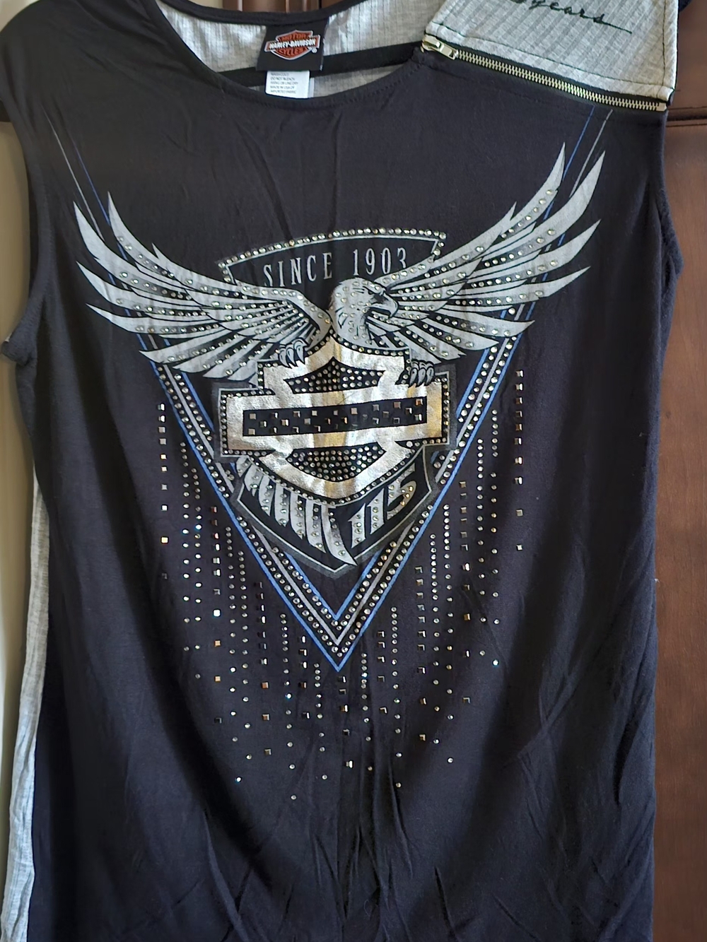 Harley-Davidson Black Tank Top with Silver and Blue Eagle Graphic W/rhinstones.